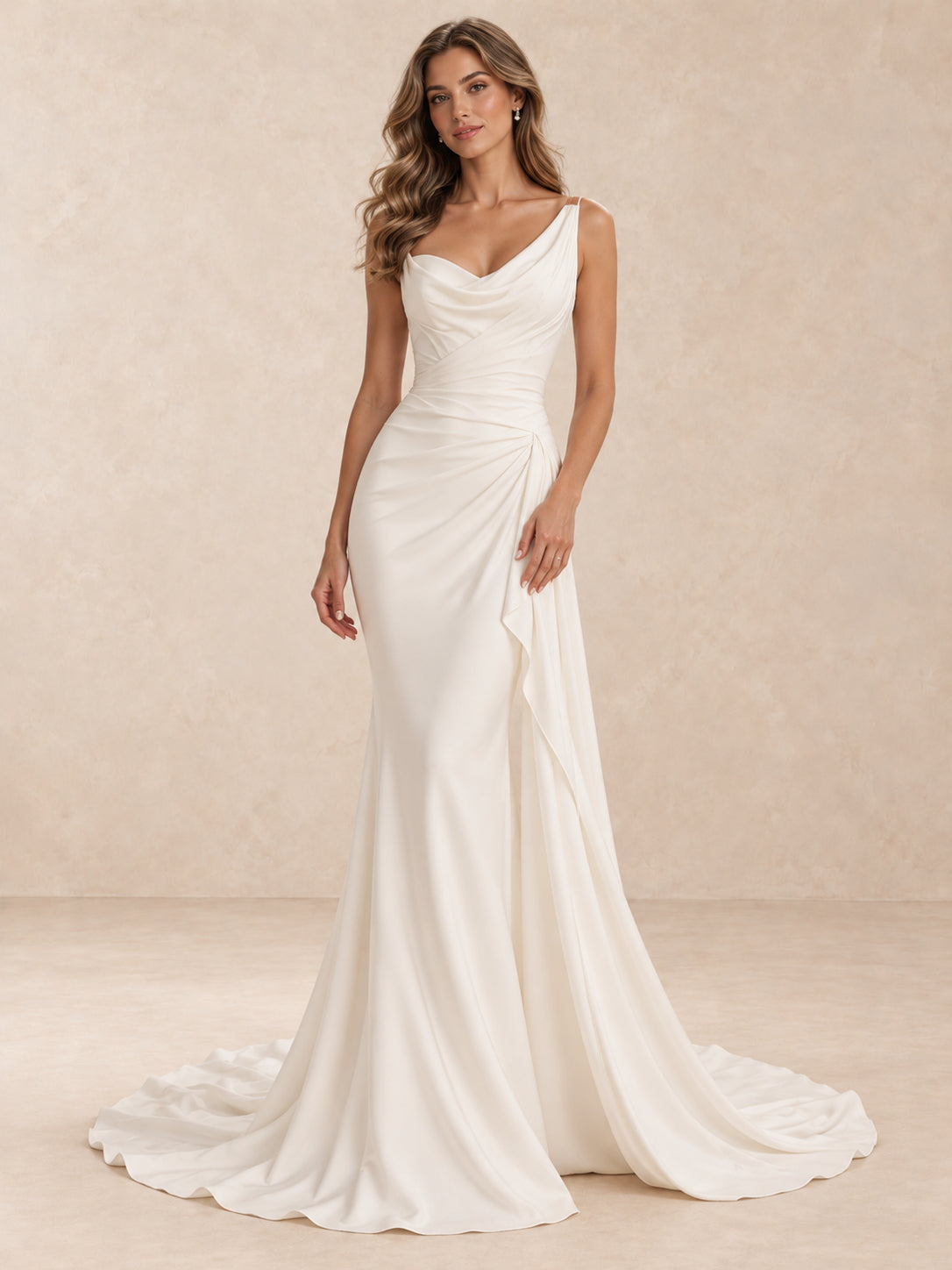 Asymmetric Cowl Neck Ruched Mermaid Wedding Dress with Sweep Train