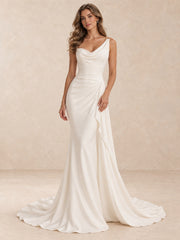 Asymmetric Cowl Neck Ruched Mermaid Wedding Dress with Sweep Train