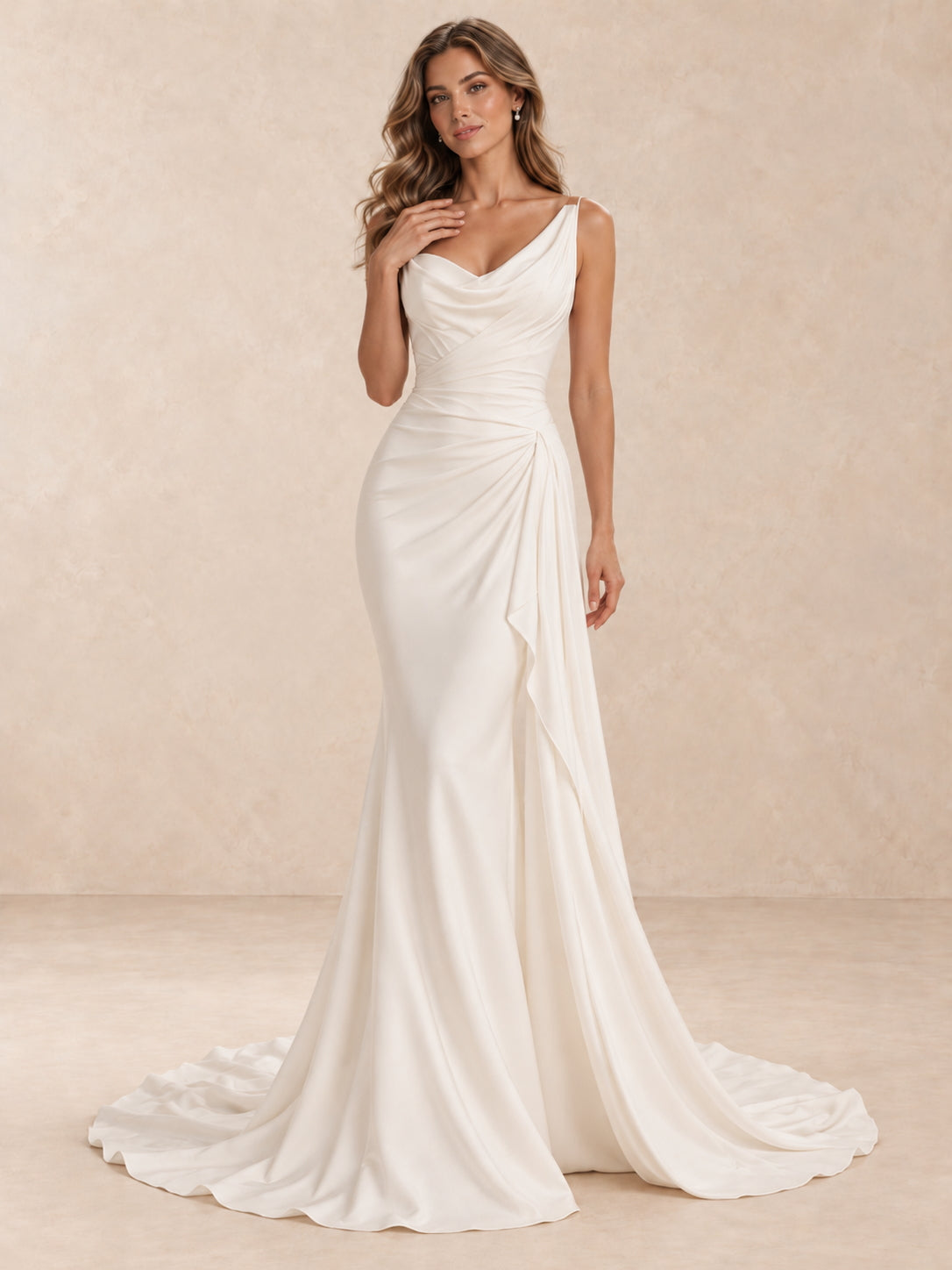 Asymmetric Cowl Neck Ruched Mermaid Wedding Dress with Sweep Train