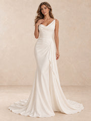 Asymmetric Cowl Neck Ruched Mermaid Wedding Dress with Sweep Train