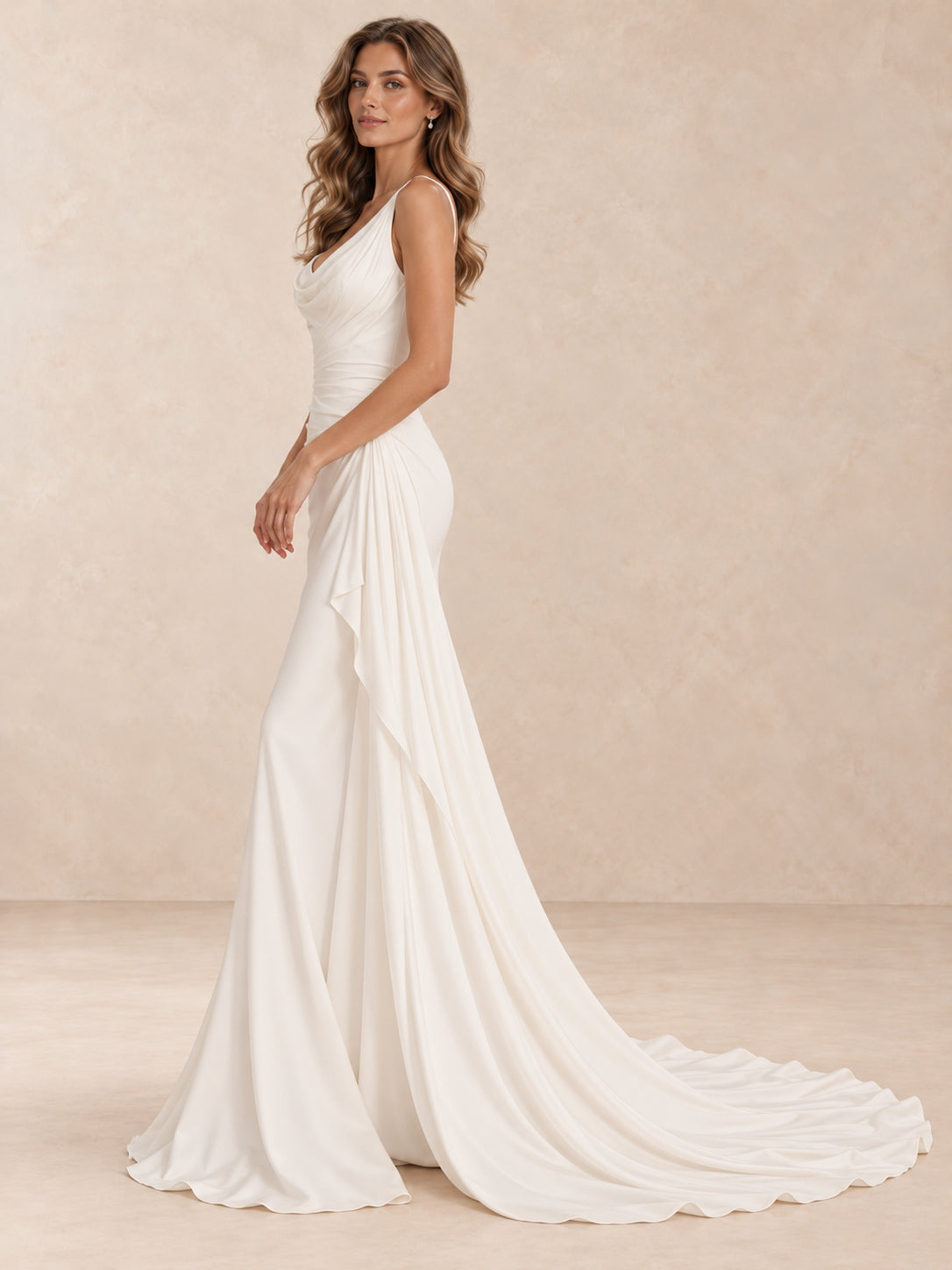 Asymmetric Cowl Neck Ruched Mermaid Wedding Dress with Sweep Train