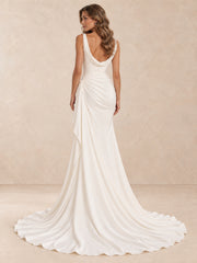 Asymmetric Cowl Neck Ruched Mermaid Wedding Dress with Sweep Train