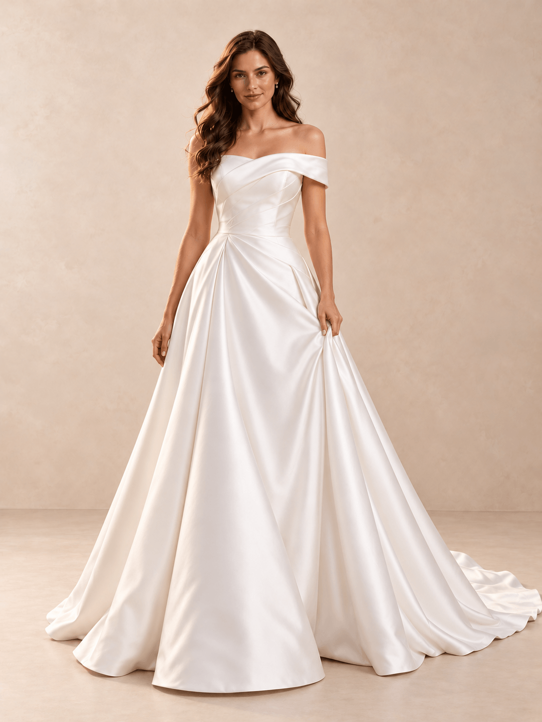 Asymmetric Draped Off-the-Shoulder Satin A-Line Wedding Dress