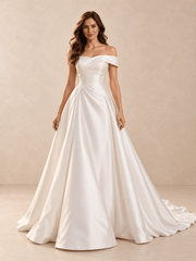 Asymmetric Draped Off-the-Shoulder Satin A-Line Wedding Dress