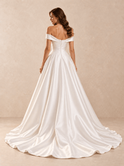 Asymmetric Draped Off-the-Shoulder Satin A-Line Wedding Dress