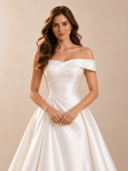 Asymmetric Draped Off-the-Shoulder Satin A-Line Wedding Dress
