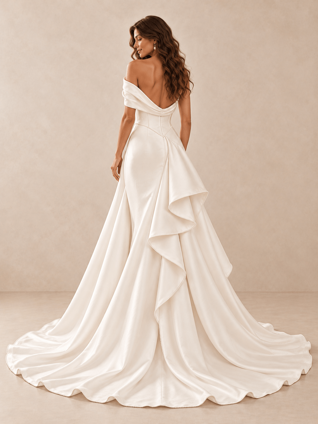 Asymmetric Draped Satin Wedding Dress with Pearl-Trimmed High-Low Overskirt