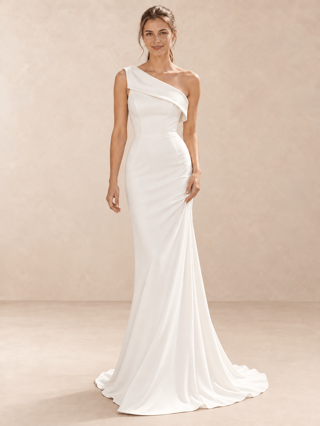Asymmetric One-Shoulder Crepe Wedding Dress with Sweep Train