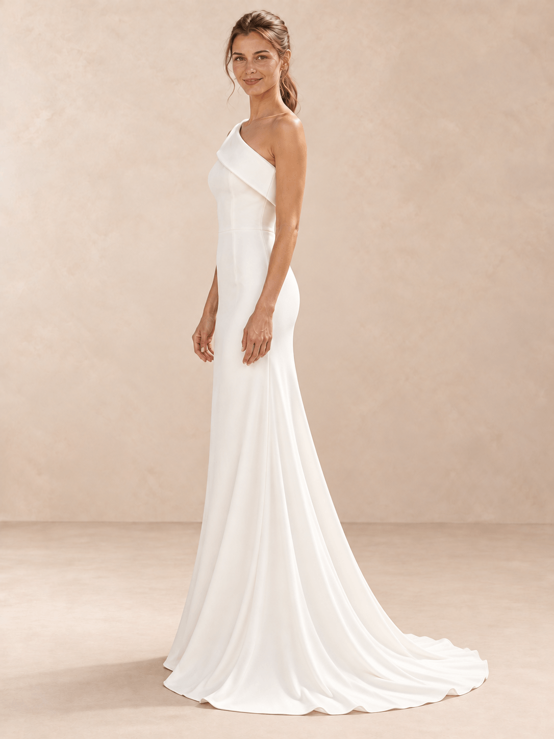 Asymmetric One-Shoulder Crepe Wedding Dress with Sweep Train