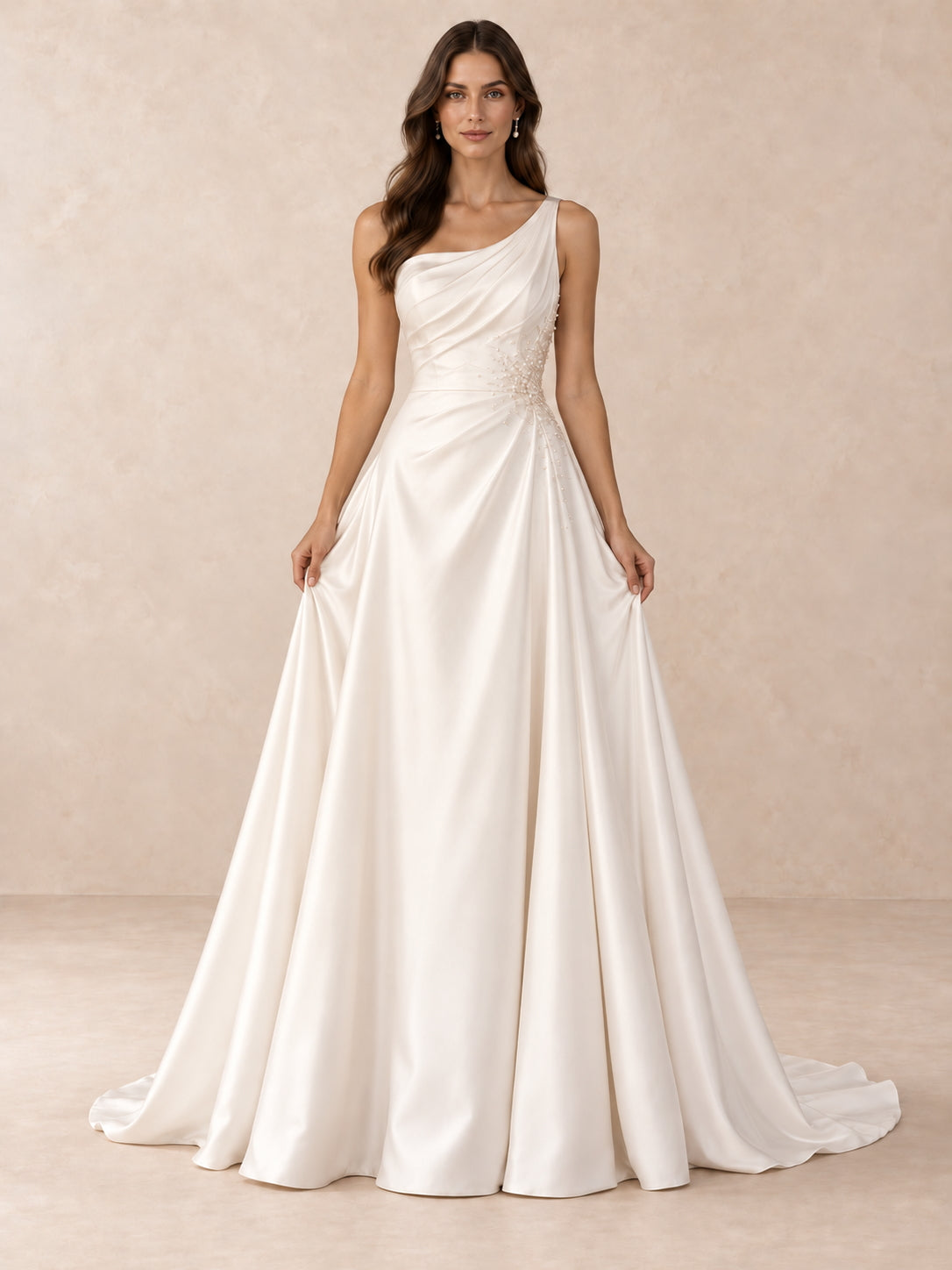 Asymmetric One-Shoulder Satin Wedding Dress with Pearl Beading