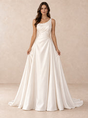 Asymmetric One-Shoulder Satin Wedding Dress with Pearl Beading