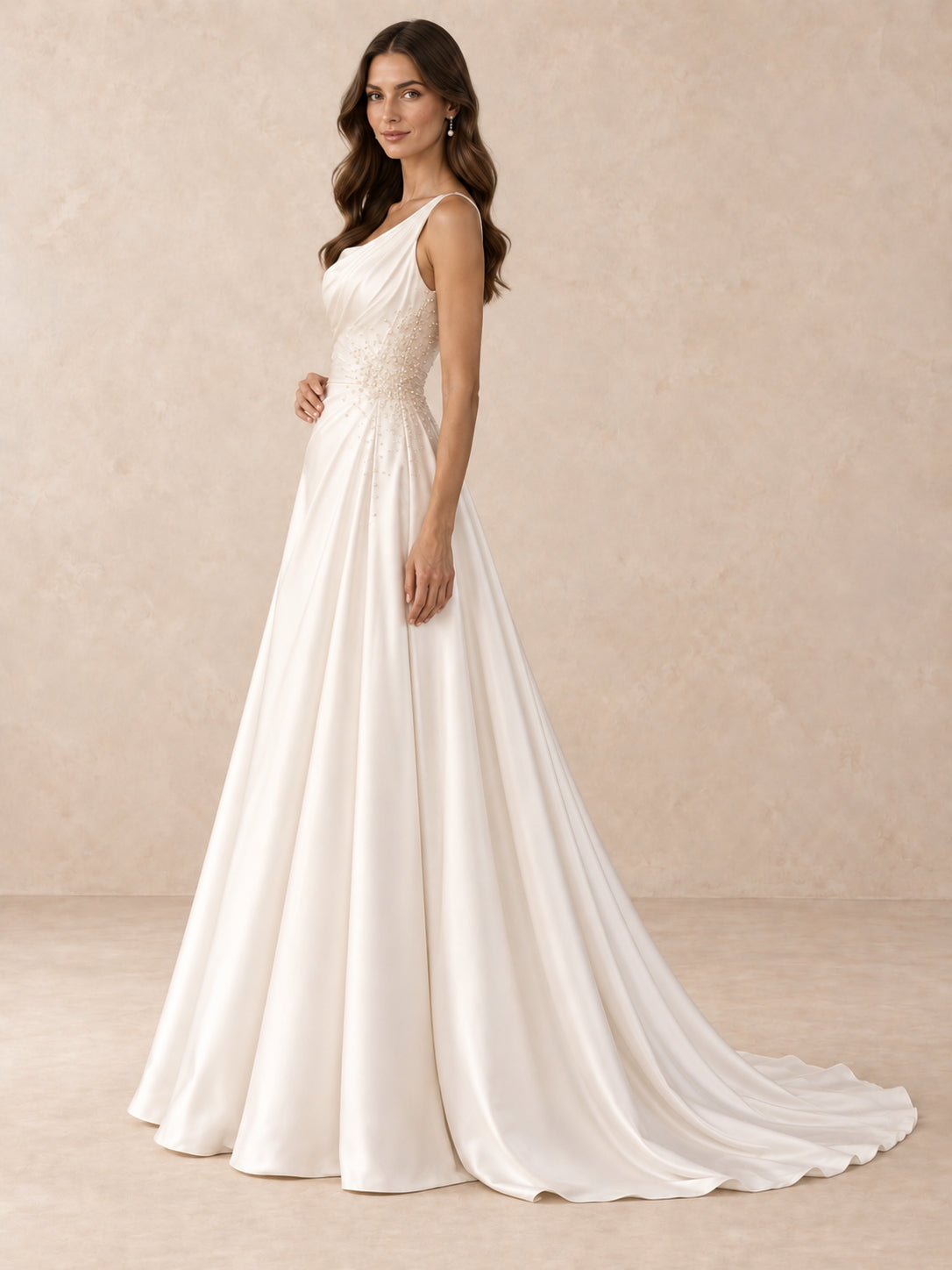 Asymmetric One-Shoulder Satin Wedding Dress with Pearl Beading