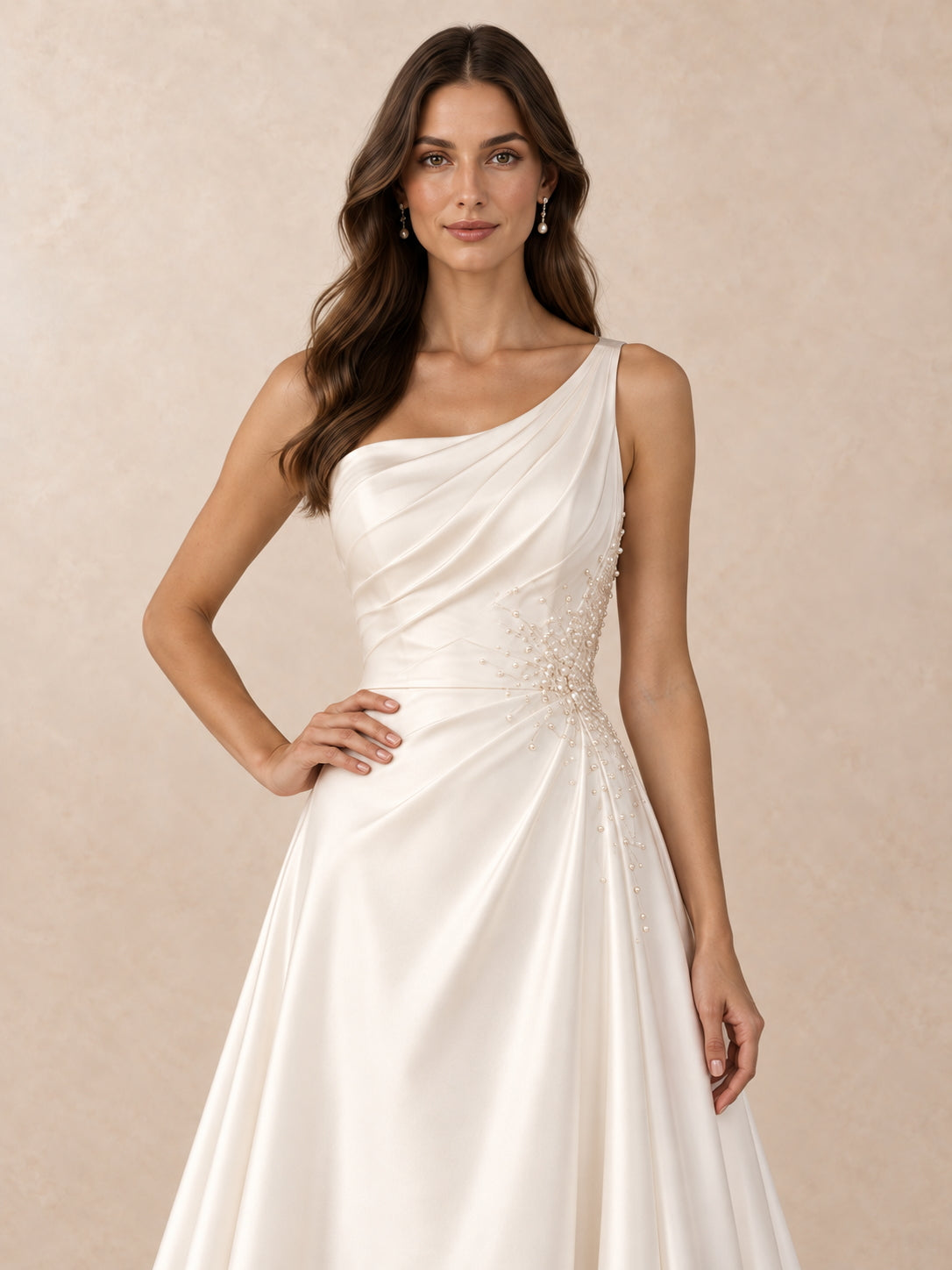 Asymmetric One-Shoulder Satin Wedding Dress with Pearl Beading
