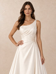 Asymmetric One-Shoulder Satin Wedding Dress with Pearl Beading