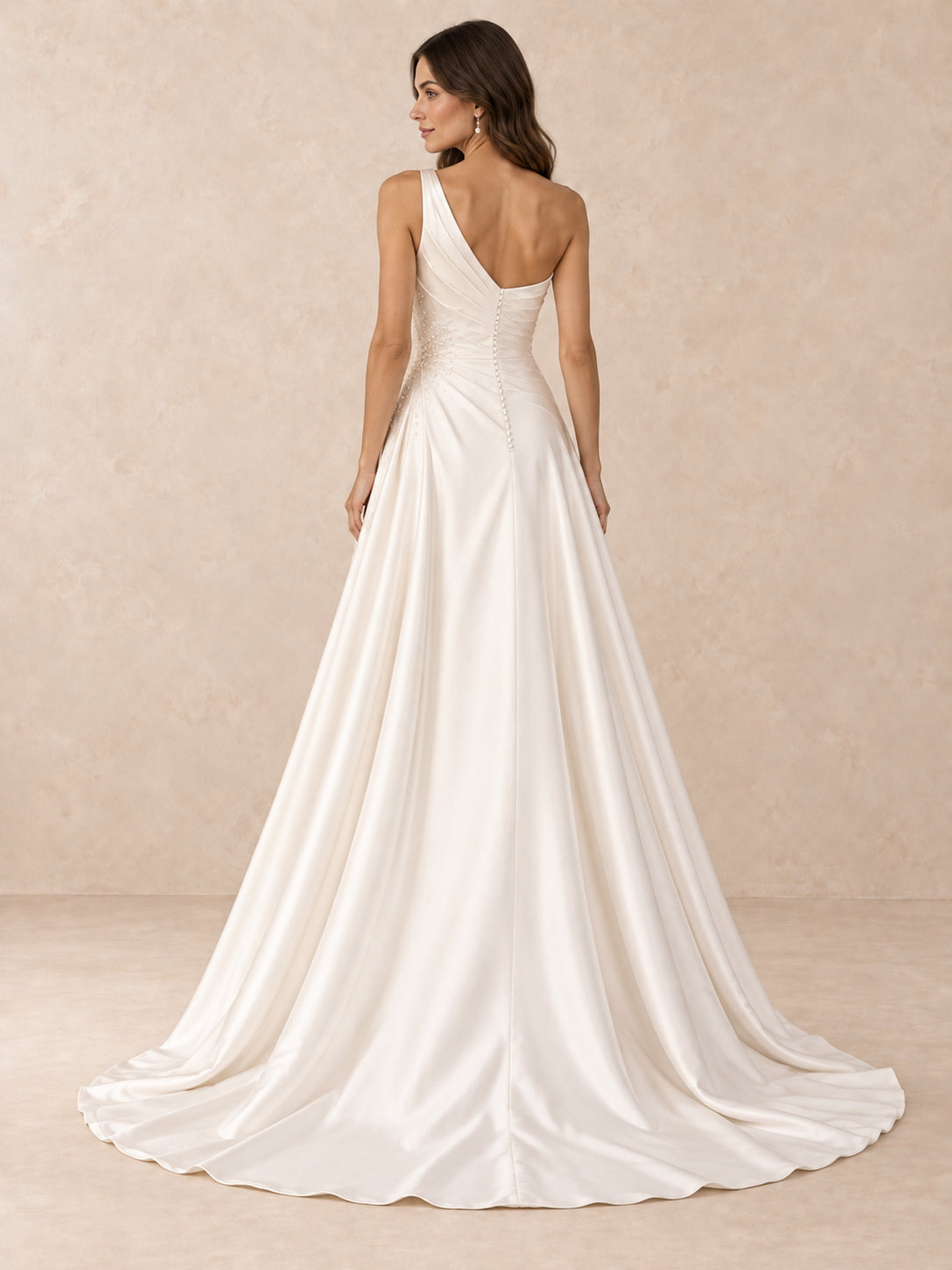 Asymmetric One-Shoulder Satin Wedding Dress with Pearl Beading