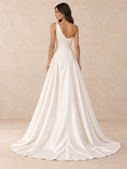 Asymmetric One-Shoulder Satin Wedding Dress with Pearl Beading