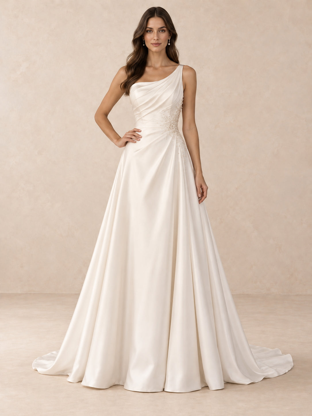 Asymmetric One-Shoulder Satin Wedding Dress with Pearl Beading