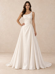 Asymmetric One-Shoulder Satin Wedding Dress with Pearl Beading