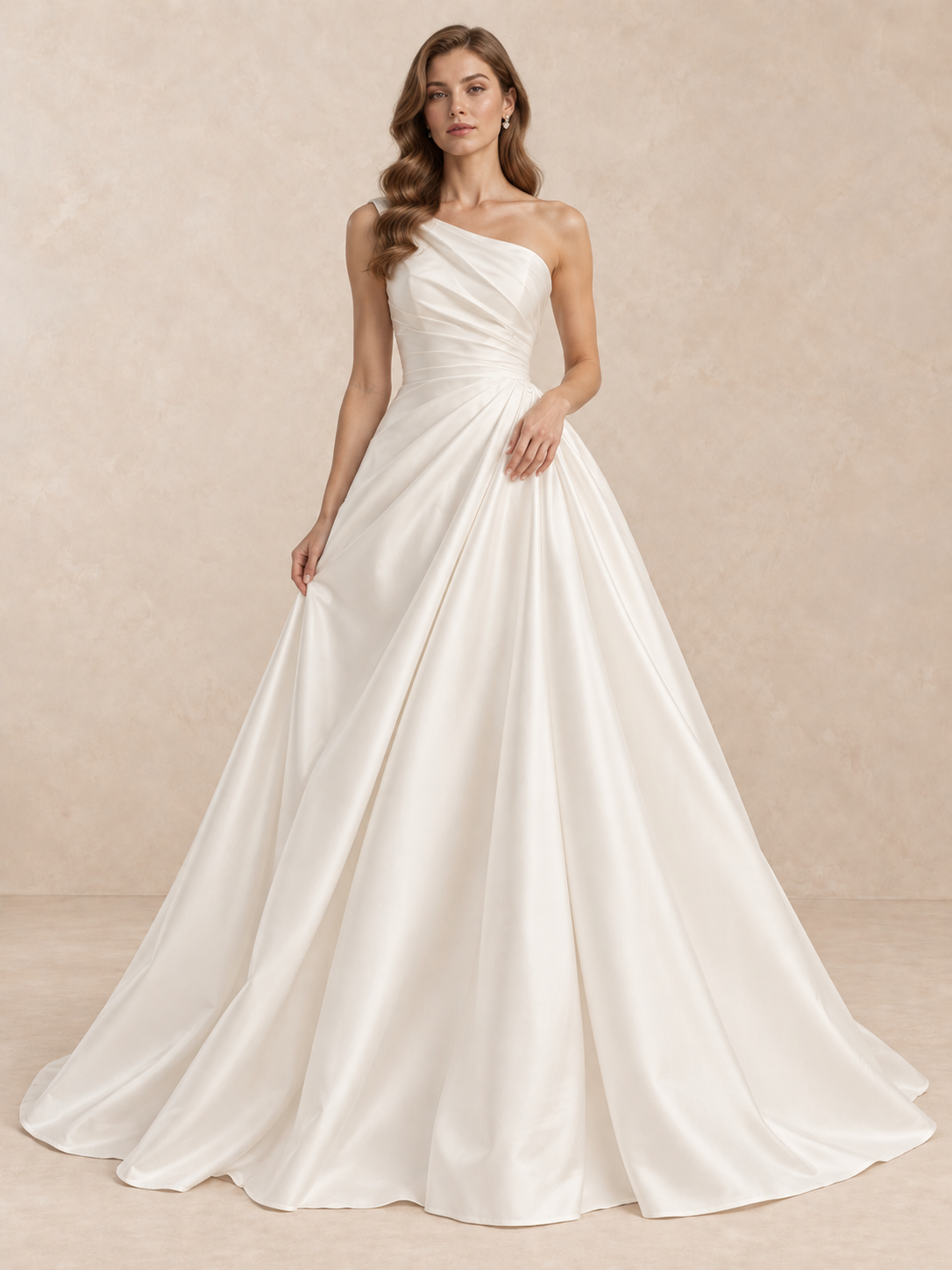 Asymmetric One-Shoulder Satin Wedding Dress with Draped Bodice