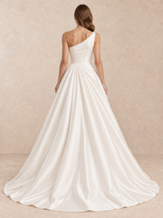 Asymmetric One-Shoulder Satin Wedding Dress with Draped Bodice