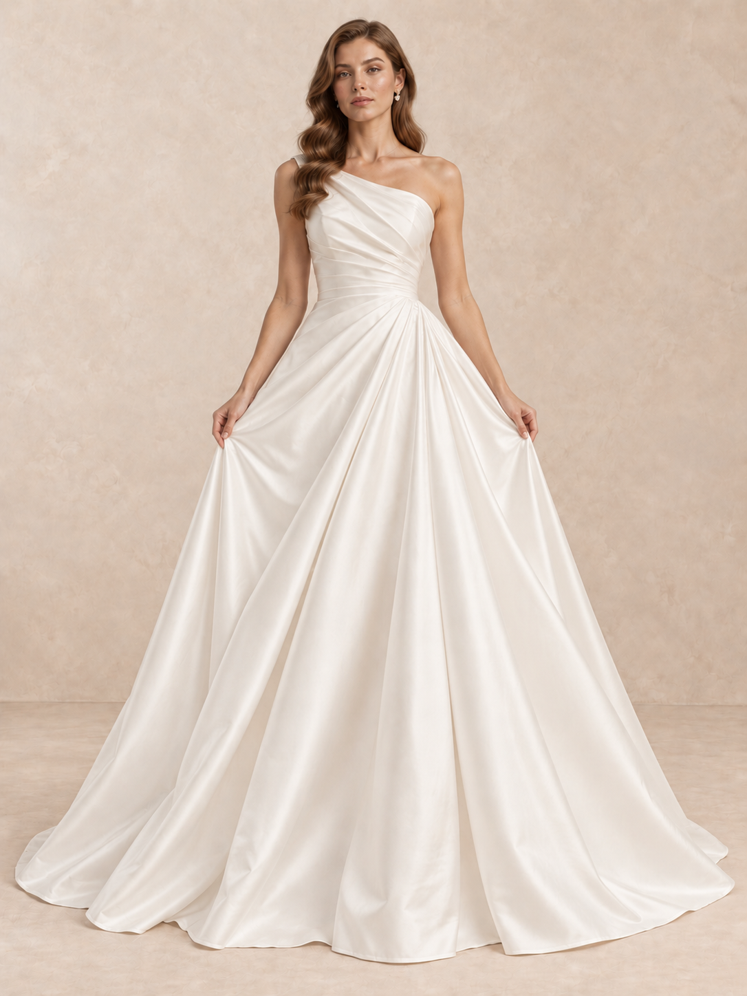 Asymmetric One-Shoulder Satin Wedding Dress with Draped Bodice