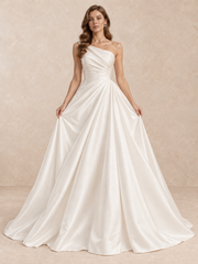 Asymmetric One-Shoulder Satin Wedding Dress with Draped Bodice