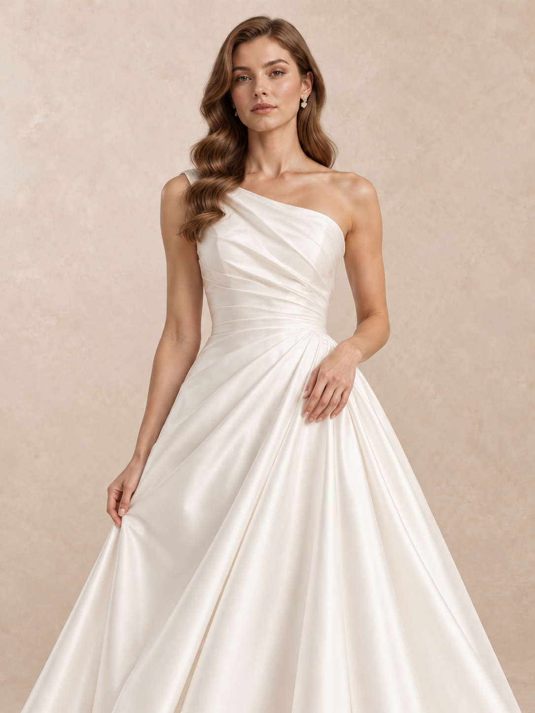 Asymmetric One-Shoulder Satin Wedding Dress with Draped Bodice