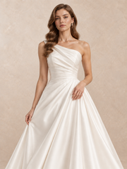 Asymmetric One-Shoulder Satin Wedding Dress with Draped Bodice