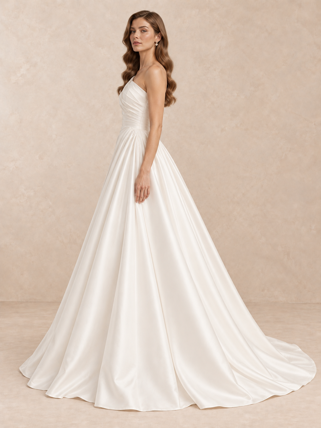 Asymmetric One-Shoulder Satin Wedding Dress with Draped Bodice