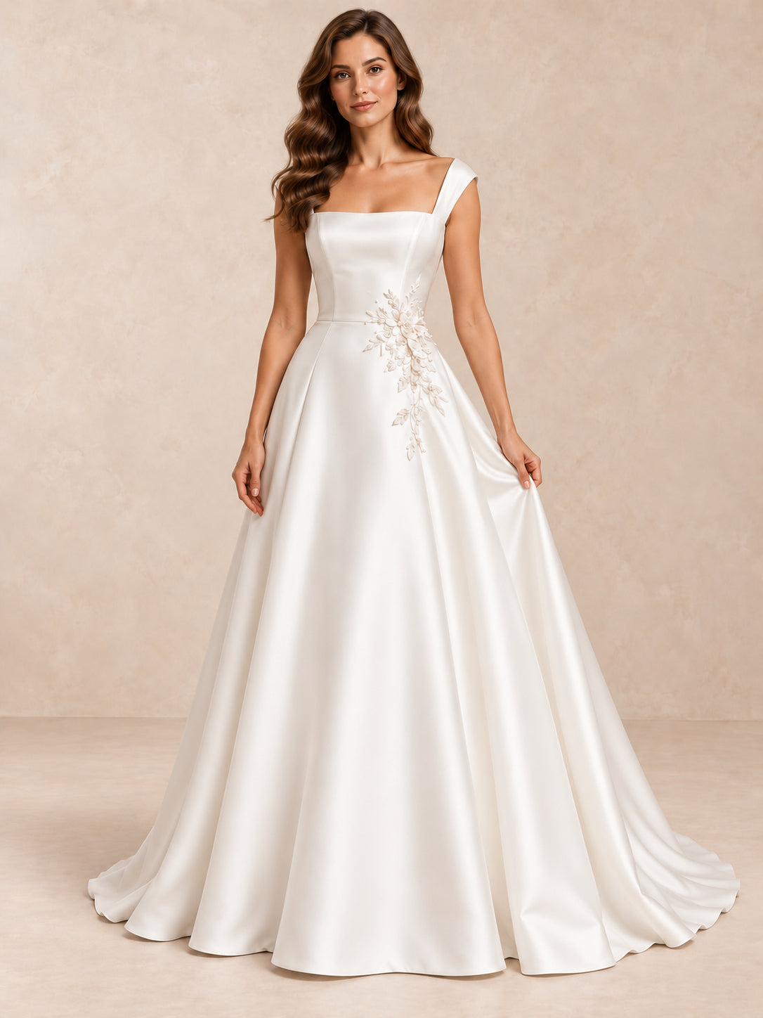 Asymmetric Square Neck Satin Wedding Dress With Pearl Appliqué