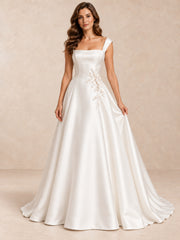 Asymmetric Square Neck Satin Wedding Dress With Pearl Appliqué