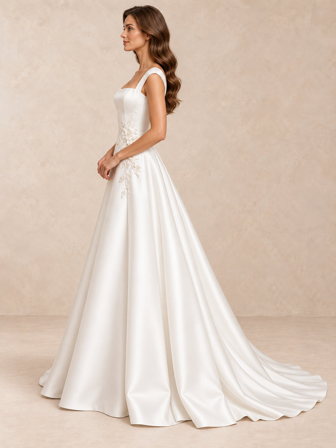 Asymmetric Square Neck Satin Wedding Dress With Pearl Appliqué