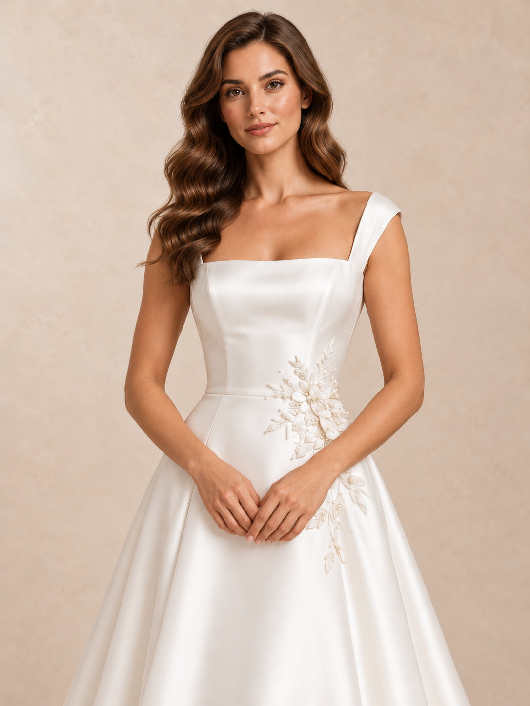 Asymmetric Square Neck Satin Wedding Dress With Pearl Appliqué