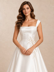 Asymmetric Square Neck Satin Wedding Dress With Pearl Appliqué