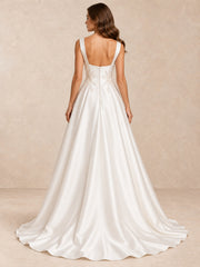 Asymmetric Square Neck Satin Wedding Dress With Pearl Appliqué
