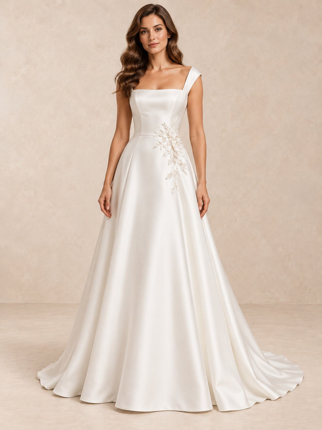 Asymmetric Square Neck Satin Wedding Dress With Pearl Appliqué