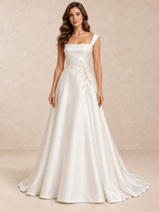Asymmetric Square Neck Satin Wedding Dress With Pearl Appliqué