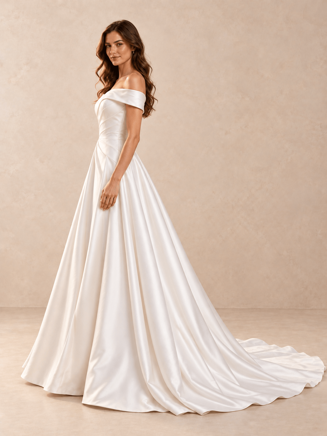 Asymmetric Draped Off-the-Shoulder Satin A-Line Wedding Dress