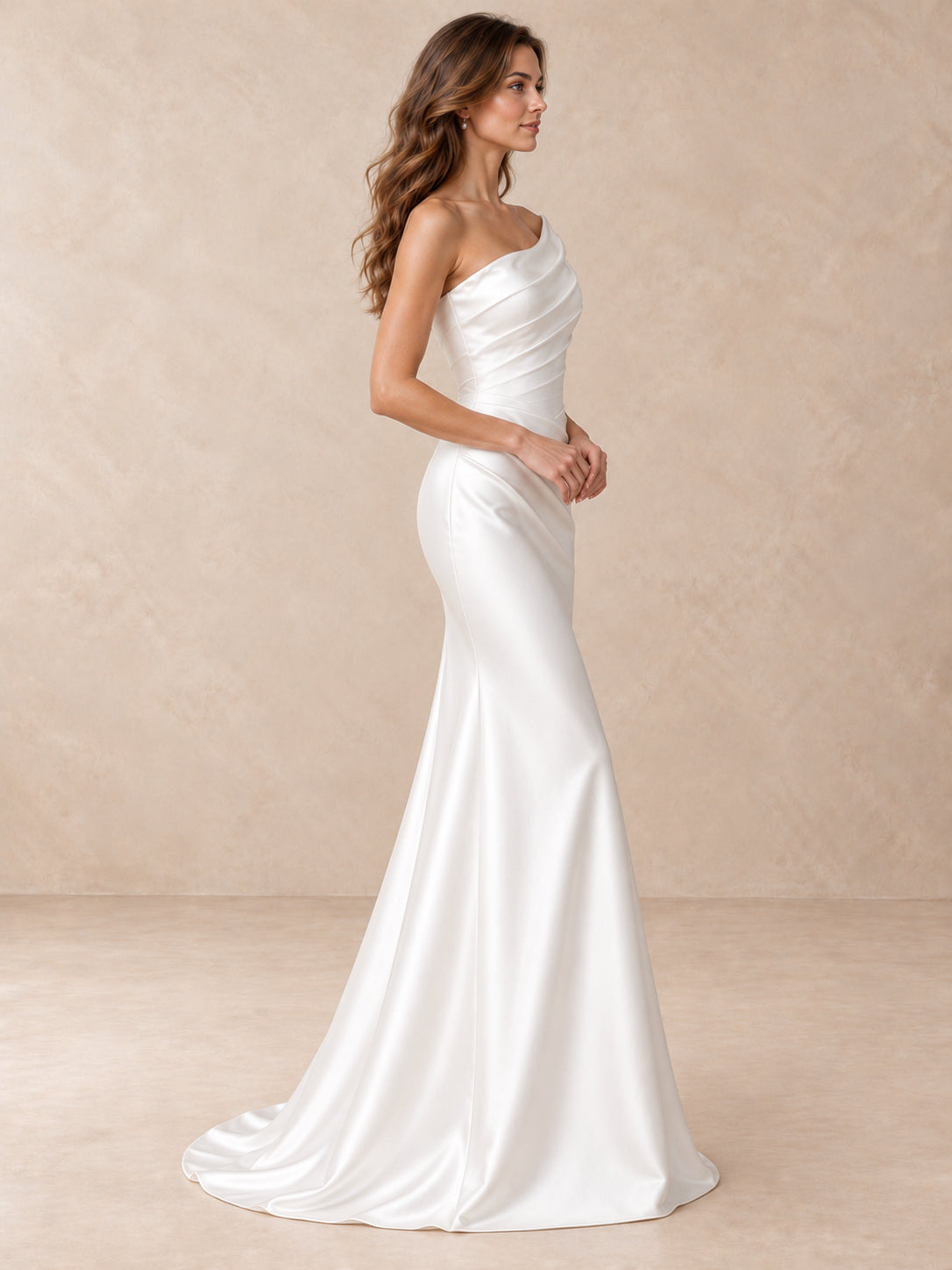 Asymmetrical Draped Satin Mermaid Wedding Dress with Basque Waist