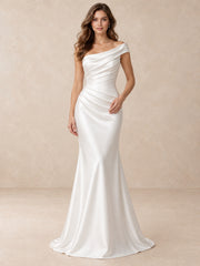 Asymmetrical Draped Satin Mermaid Wedding Dress with Basque Waist
