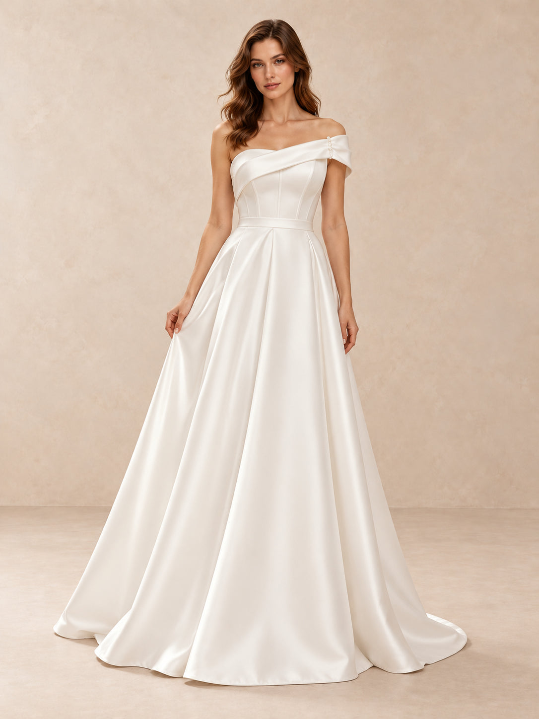 Asymmetrical Off-the-Shoulder Satin A-Line Wedding Dress