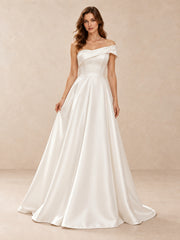 Asymmetrical Off-the-Shoulder Satin A-Line Wedding Dress