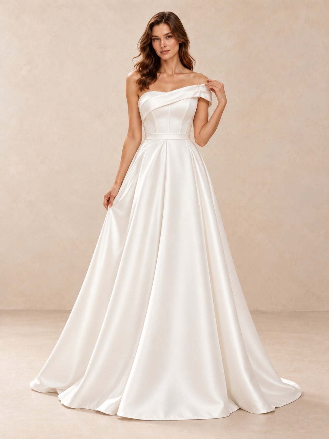 Asymmetrical Off-the-Shoulder Satin A-Line Wedding Dress