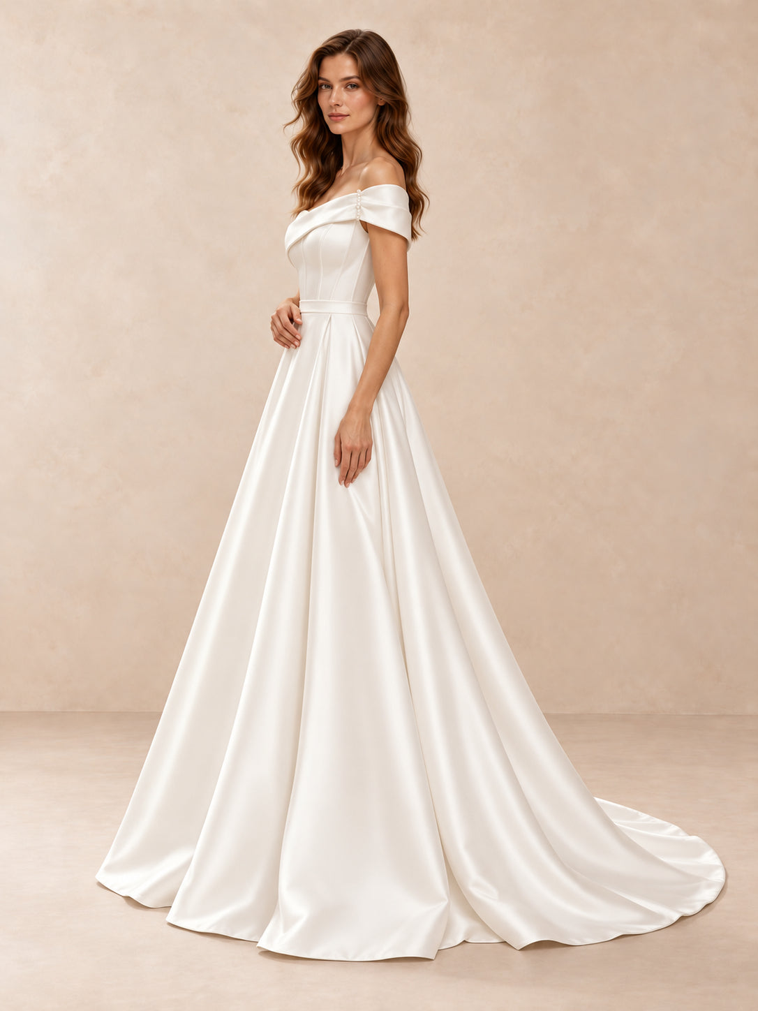 Asymmetrical Off-the-Shoulder Satin A-Line Wedding Dress