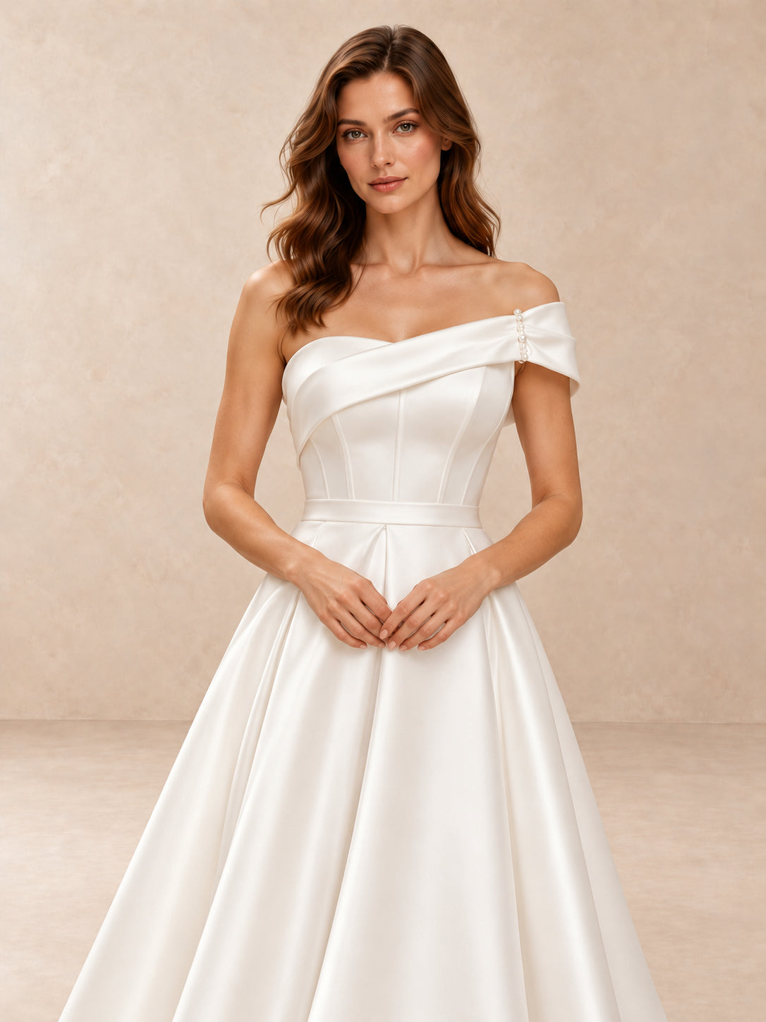 Asymmetrical Off-the-Shoulder Satin A-Line Wedding Dress