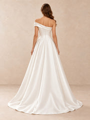 Asymmetrical Off-the-Shoulder Satin A-Line Wedding Dress