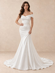 Asymmetrical Off-the-Shoulder Satin Mermaid Wedding Dress with Pearl