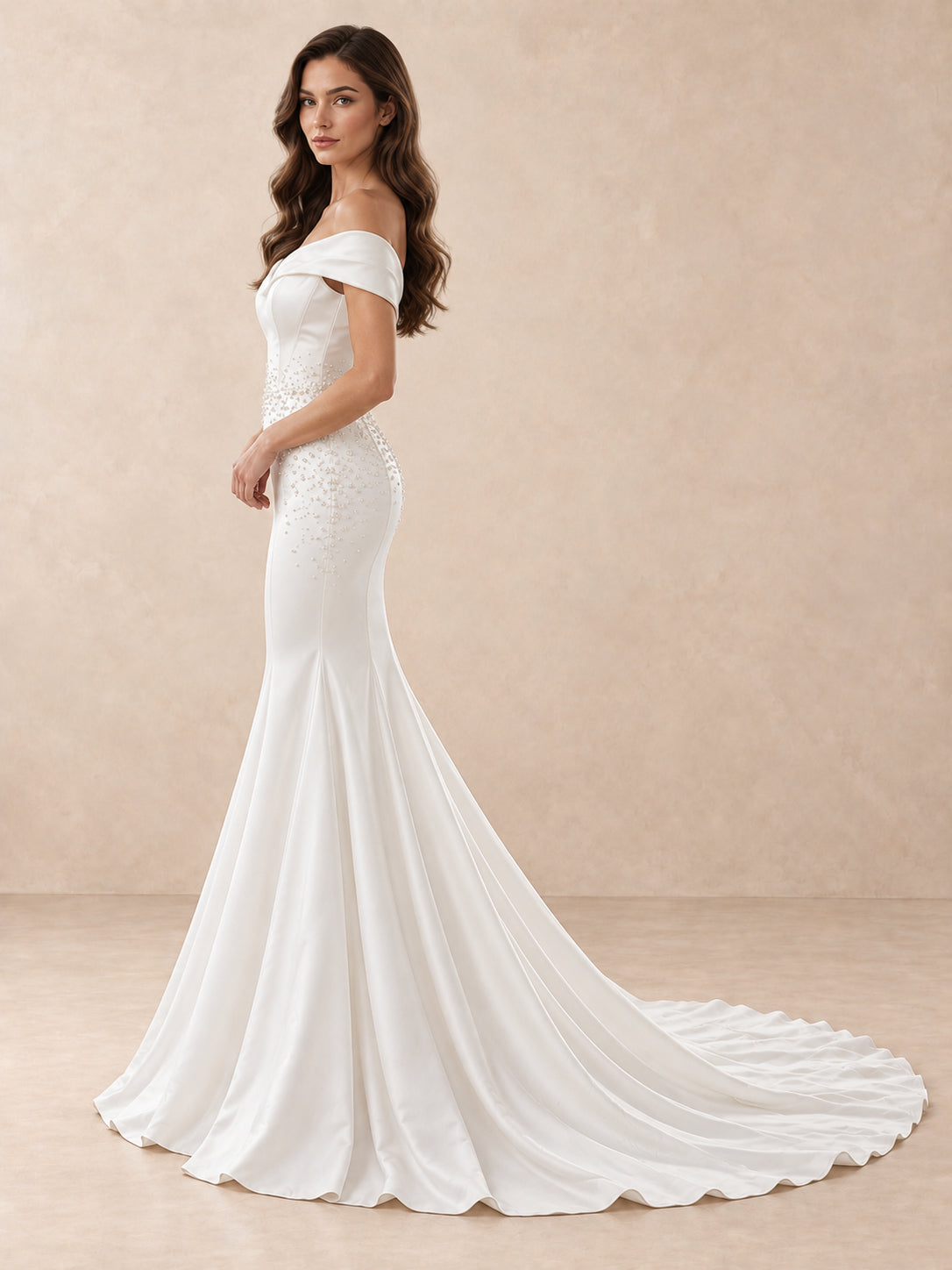 Asymmetrical Off-the-Shoulder Satin Mermaid Wedding Dress with Pearl