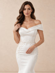Asymmetrical Off-the-Shoulder Satin Mermaid Wedding Dress with Pearl