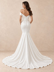 Asymmetrical Off-the-Shoulder Satin Mermaid Wedding Dress with Pearl